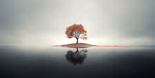 Autumn Tree On The Lake With Fog. 3d Render Illustration, Tree On The Lake