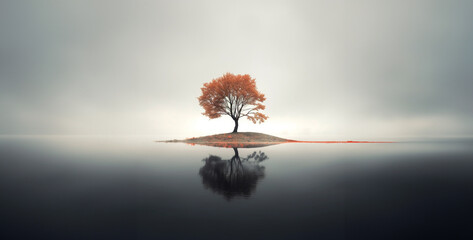 Autumn tree on the lake with fog. 3d render illustration, tree on the lake