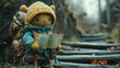 A scene showing a knitted explorer, with a backpack and a map in hand.