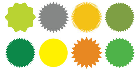 Wall Mural - Set of vector starburst, sunburst badges. 8 different color. Simple flat style Vintage labels. Design elements. Colored stickers. A collection of different types and colors icon.1234