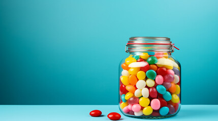 Wall Mural - jar staffed sweet colorful candy against turquoise background