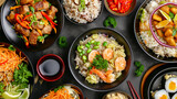 Fototapeta  - Top view composition of various Asian food in bowl . Ai Generative