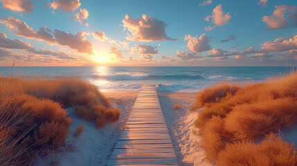 Wall Mural - Long boardwalk leading to the white sand beach and ocean water at sunset with few shrubs on sides