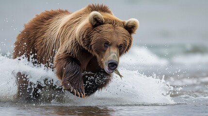 a brown bear is catching a fish off of the water