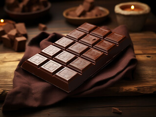 Wall Mural - Luxurious Chocolate bar and pieces on wooden table