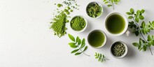 Moringa Tea Arranged Creatively On A White Surface In A Flat Lay Style, Showcasing Food And Macro Concepts.