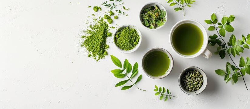 moringa tea arranged creatively on a white surface in a flat lay style, showcasing food and macro co