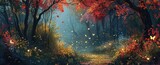 Fototapeta  - Enchanted autumn forest scene with magical glowing butterflies. Fantasy and nature