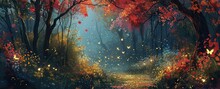 Enchanted Autumn Forest Scene With Magical Glowing Butterflies. Fantasy And Nature