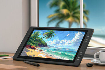 Poster - Big Size of Digital Graphics Drawing Tablet Monitor with Pen and Abstract Drawing of a Ocean Sand Beach on a Wooden Table Workplace. 3d Rendering