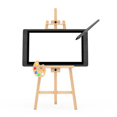 Leinwandbilder - Wooden Artist Easel with Big Size of Digital Graphics Drawing Tablet Monitor with Pen and Blank Screen for Your Design. 3d Rendering