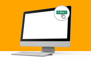 Poster - Online Shopping Concept. Modern Desktop Computer with Magnifier and Buy Button on the Screen. 3d Rendering