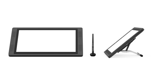 Poster - Big Size of Digital Graphics Drawing Tablet Monitor with Pen and Blank Screen for Your Design. 3d Rendering