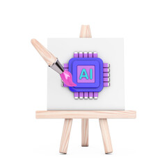 Leinwandbilder - Cartoon Artist Paintbrush with Easel and AI Powered Microchip CPU Processor Web Icon. 3d Rendering