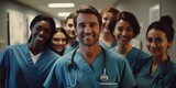 Create a diverse healthcare team with diffrent ethic groups that look cherrful wearing scrubs in a hospital setting