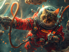 A Cat Astronaut In A Spacesuit Holds A Torch In His Hand On The Background Of Stars.