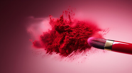 makeup brush with red powder isolated on pink background