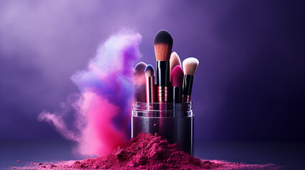 makeup brushes lipstick and pencil with powder