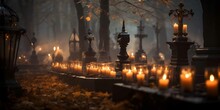 Close-up On Candles, Cemetery, Autumn Foliage, Fog, Evening Light