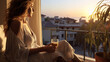 Serene Sunrise Contemplation,  woman enjoys a serene moment on a balcony at sunrise, with a gentle breeze and a glass of juice, reflecting tranquility