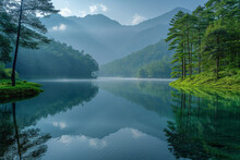 Pine Tree Forest And Lake In The Morning At Pang Ung, Mae Hong Son, Thailand
