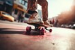 Skateboard, closeup pink skate wheel and foot or leg