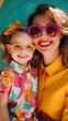Smiling stylish young mother and child in 60s 80s vintage suit, happy day