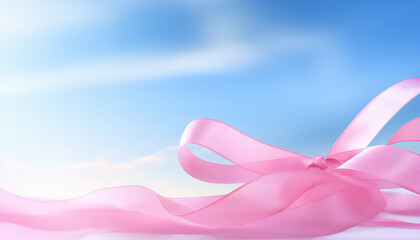 Wall Mural - pink ribbon on blue sky background World Cancer Day Concept