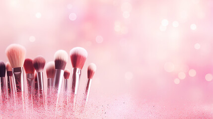  banner with professional cosmetic makeup brushes with glitters on pink background