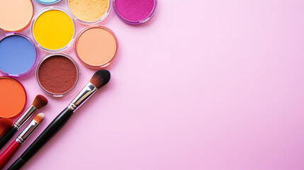 Wall Mural - professional colorful makeup tools. makeup products on a pink background