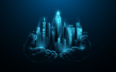 Leinwandbilder - Man's hand holding an Urban Night Skyline with Silhouetted Buildings, and Vibrant Blue Cityscape Lights in a 3D Vector Design Concept. Low poly wireframe