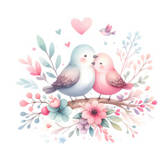 two birds on a branch with hearts