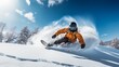 © Valua Vitaly - Professional Alpine skier going down a mountain. Cool shot of a pro snowboarder making turns as he goes down a ski slope. Dangerous winter sport. Extreme winter sports.