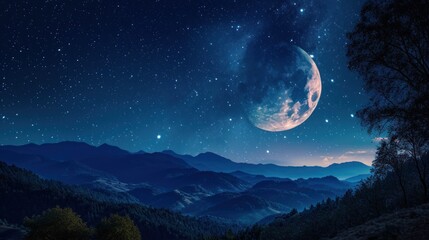 Wall Mural - a night scene with a full moon in the sky and mountains in the foreground with trees in the foregrou
