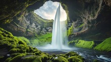  A Waterfall In A Cave With Moss Growing On The Rocks And The Water Flowing Out Of The Cave Into The Pool Of Water That Is In Front Of The Cave.