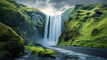  A Very Tall Waterfall In The Middle Of A Lush Green Valley With A River Running Between It And A Road Running Between The Two Sides Of The Falls Is Surrounded By Lush Green Grass.