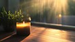  a lit candle sitting on top of a wooden table next to a potted plant in front of a window with the sun shining down on the window sill.