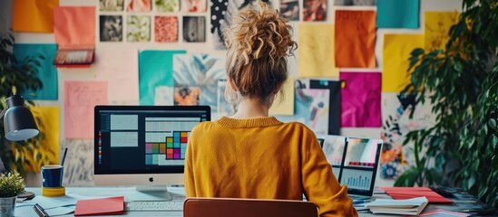 Young woman designer using laptop surrounded by color swatch papers and digital tablet at working desk, from behind.