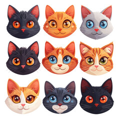 Wall Mural - set of cartoon cat heads on a transparent background, Ai Generated Images