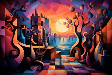 Wall Mural - Playful twilight foxes, dancing under the fading light of the setting sun - Generative AI