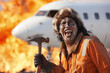 Funny image of DEI ideology in aviation - primitive caveman hired as aircraft maintenance mechanic because of diversity, holding hammer, having accidentally set the plane on fire