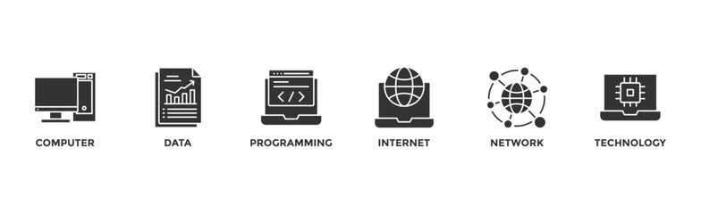Information technology banner web with icon of computer, data, programming, database, internet, network, and technology