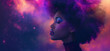 An artistic image blends a black woman's afro into a cosmic nebula, ideal for themes of beauty, empowerment, or Afrofuturism.