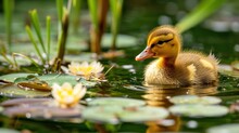  A Duckling Swims In A Pond Filled With Lily Pads And Water Lillies, With Its Head Above The Water's Surface, Looking At The Camera.