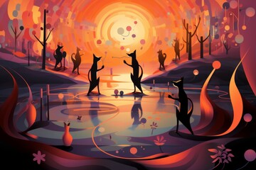 Wall Mural - Playful twilight foxes, dancing under the fading light of the setting sun - Generative AI