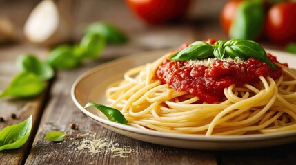 Wall Mural -  a plate of spaghetti with sauce, basil, and parmesan cheese on a wooden table with tomatoes and basil on the side of the plate, and basil leaves on the edge of the plate.