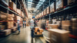 Dynamic warehouse interior with workers and boxes in motion, illustrating industry and logistics.