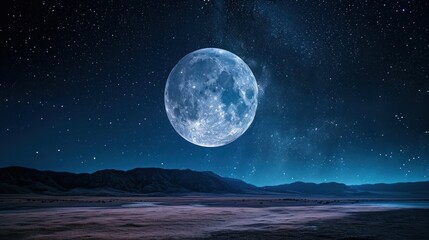 Wall Mural - a full moon in the night sky with a mountain range in the foreground and a body of water in the fore
