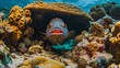 An underwater shot of a vibrant coral grouper hiding within a coral formation, its camouflaged appearance and watchful eye illustrating the art of survival on the reef. 