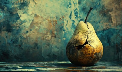 A broken pear on a table with a grungy background. Generative AI.